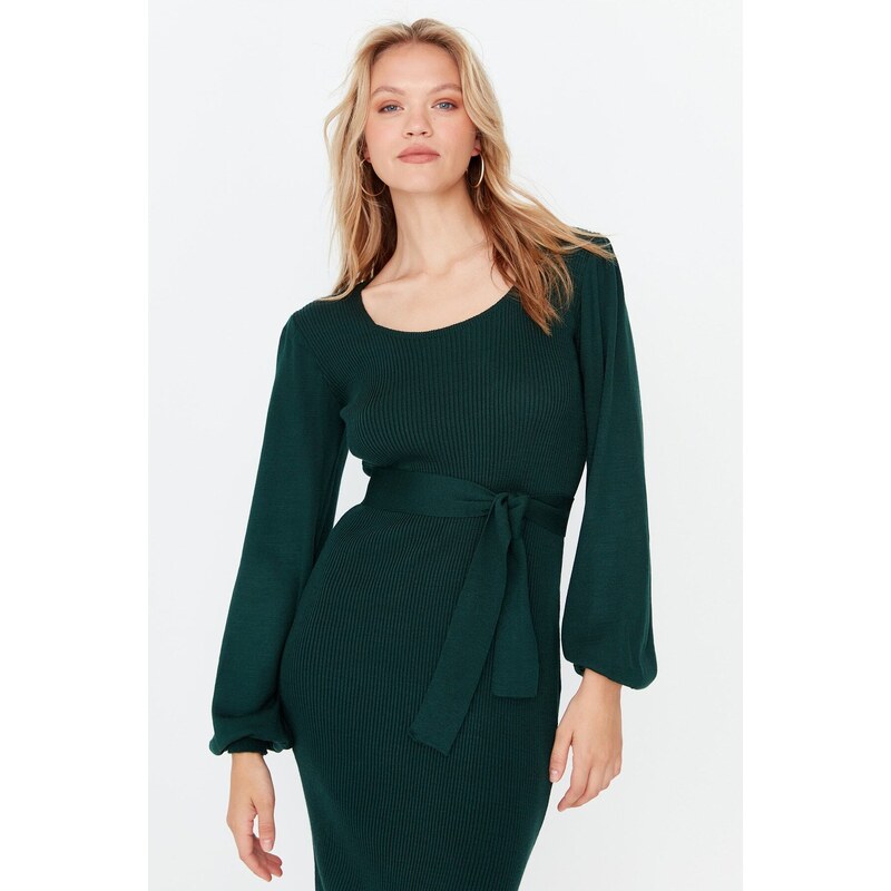 Trendyol Emerald Green Sash Detailed Knitwear Dress