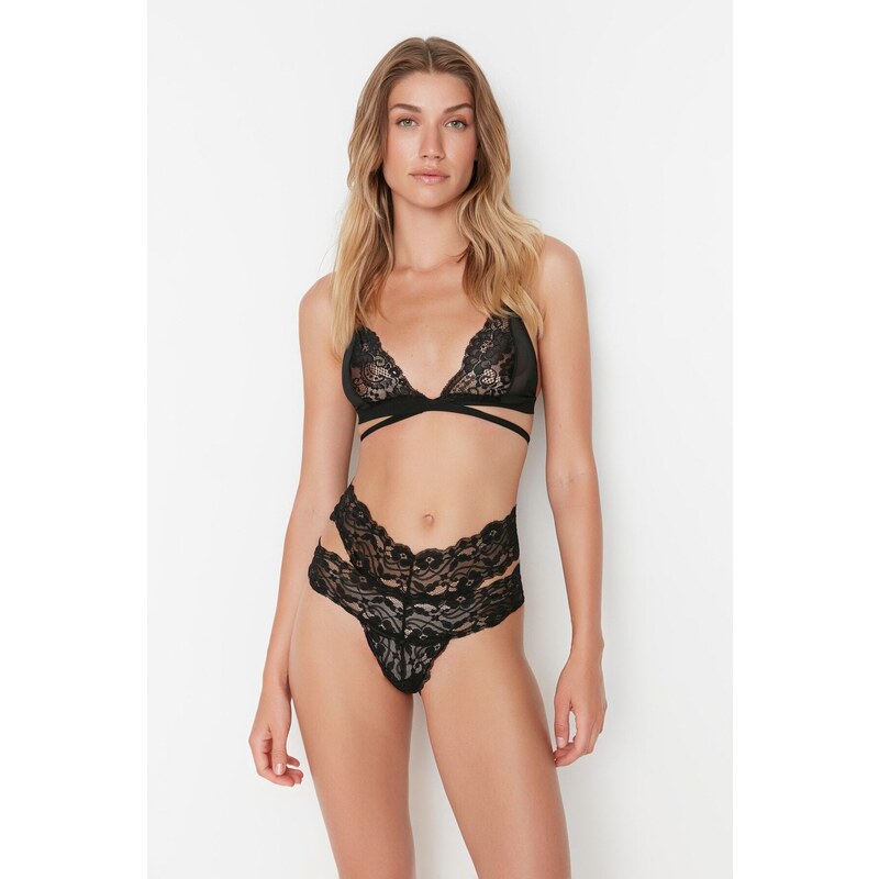 Trendyol Black Lace Capless Lacing Detailed Knitted Lingerie Set