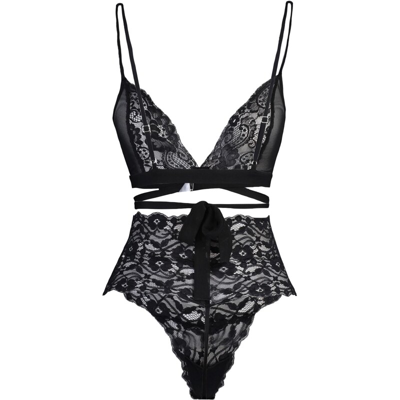 Trendyol Black Lace Capless Lacing Detailed Knitted Lingerie Set