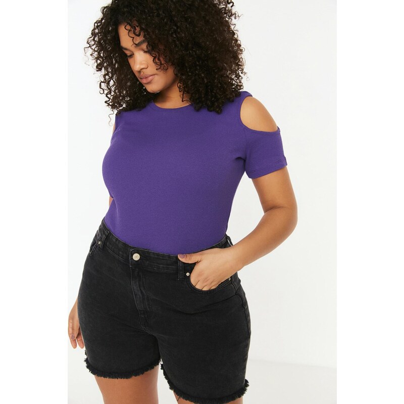 Trendyol Curve Purple Ribbed Knitted Cut Out Detailed Blouse