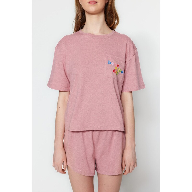 Trendyol Pink 100% Cotton Motto Printed T-shirt - Shorts Knitted Pajamas Set