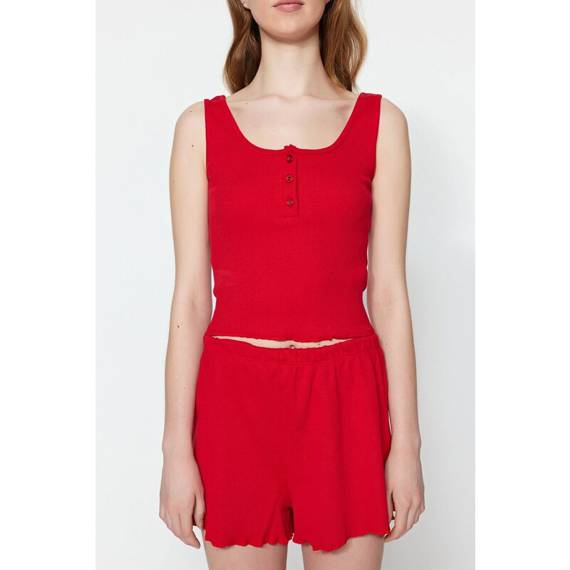 Trendyol Red Button Detailed Ribbed Cotton Singlet-Short Knitted Pajamas Set