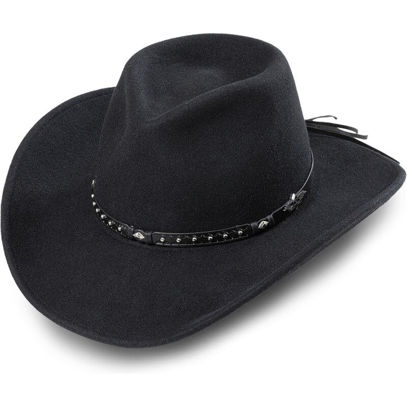 Stars and Stripes Westernový černý klobouk s koženým řemínkem - Reno