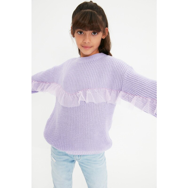 Trendyol Lilac Tulle Girls' Knitwear Sweater with Ruffle Detail