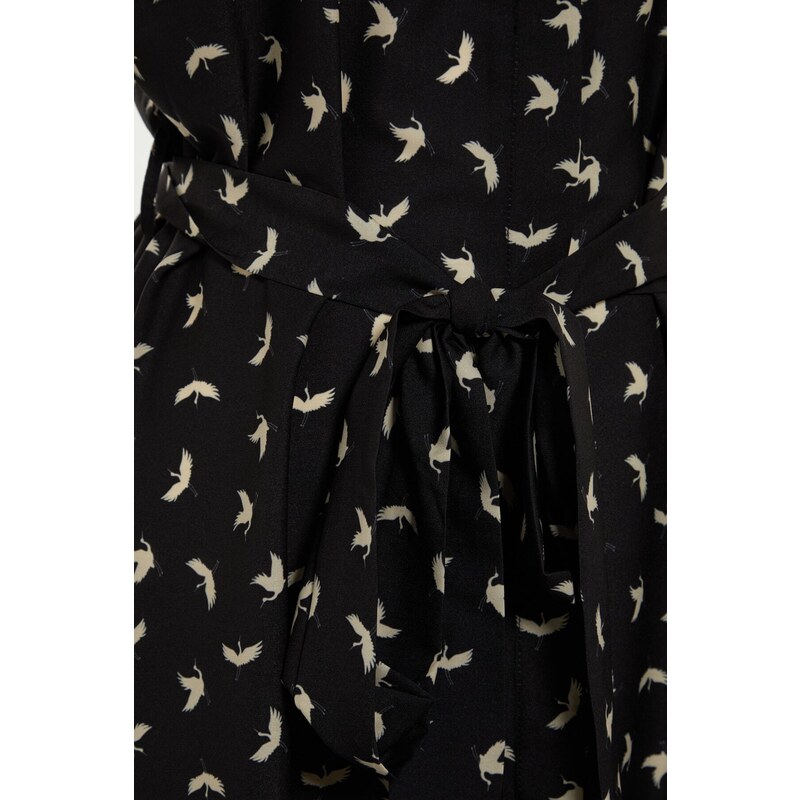 Trendyol Curve Black Patterned Belted Slit Detailed Woven Dress