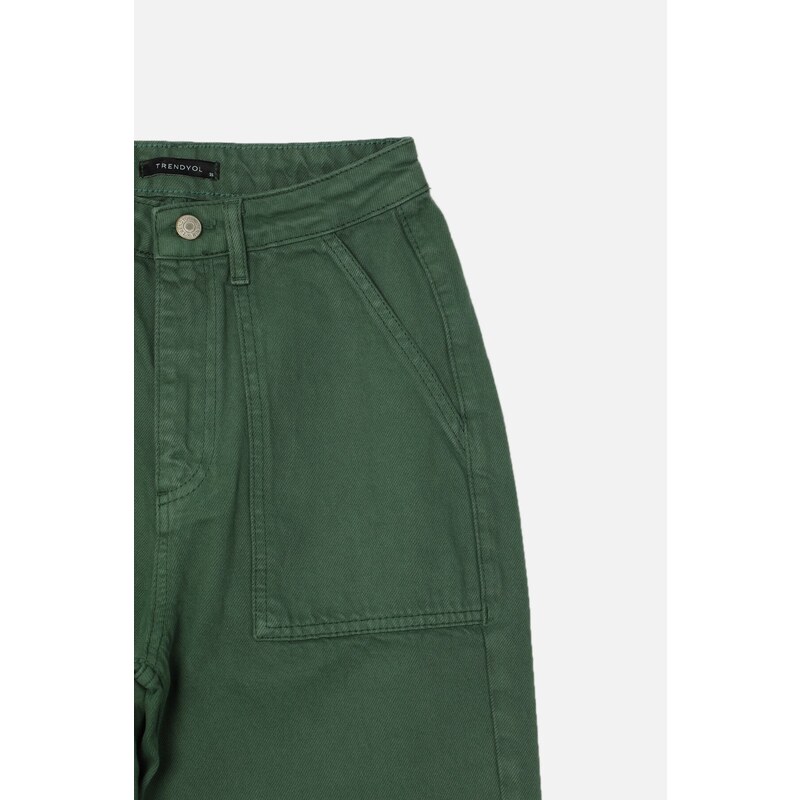 Trendyol Zelená Kapsa Detailní Vysoký pas Široké Nohavice Džínové Kalhoty