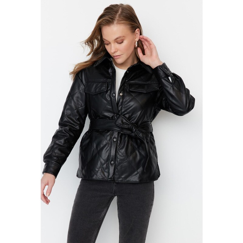 Trendyol Black Belted Faux Leather Quilted Coat