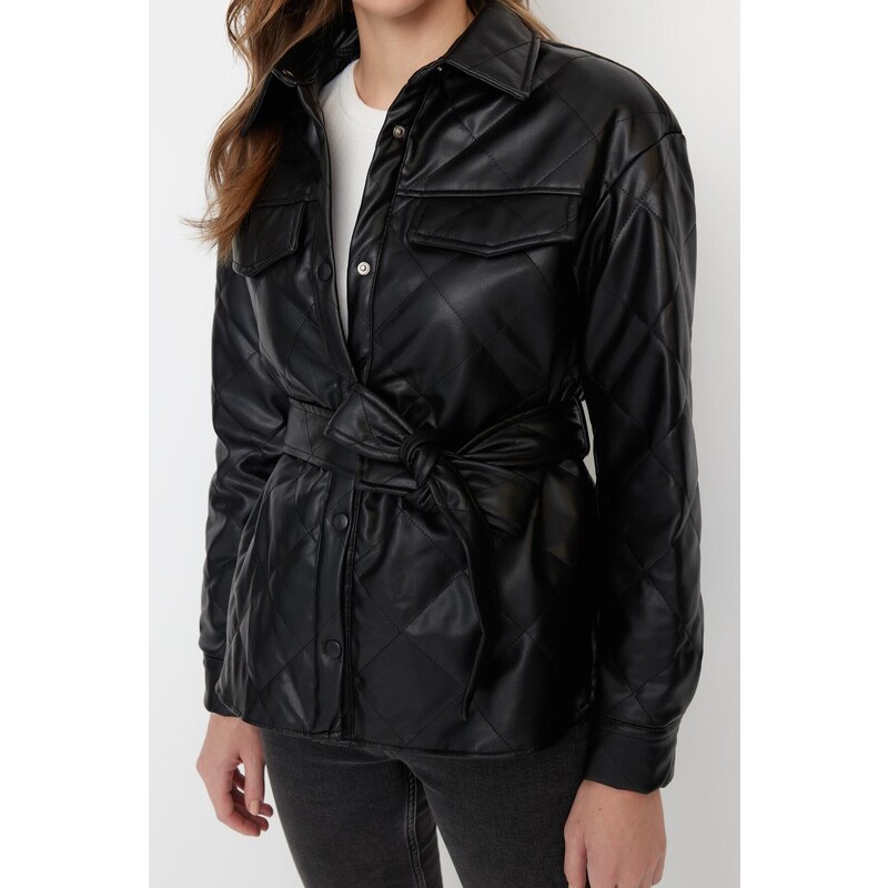 Trendyol Black Belted Faux Leather Quilted Coat