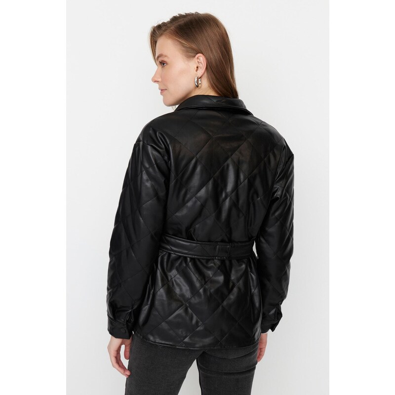 Trendyol Black Belted Faux Leather Quilted Coat