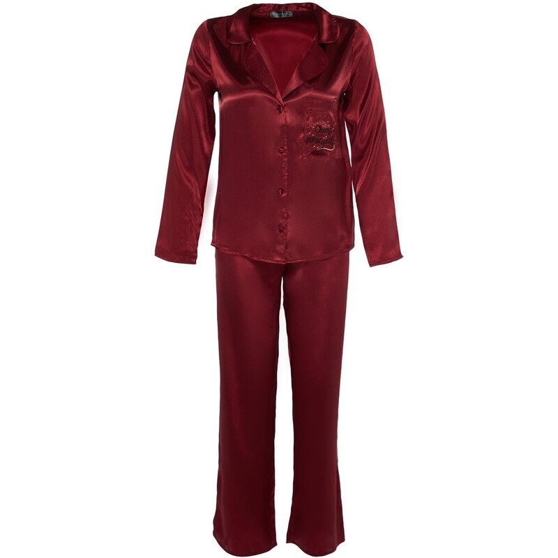 Trendyol Burgundy New Year Themed Embroidered Satin Shirt-Pants Woven Pajama Set