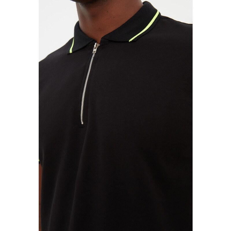 Trendyol Černé Regular / Regular Fit Zip Detailní Polo Neck tričko