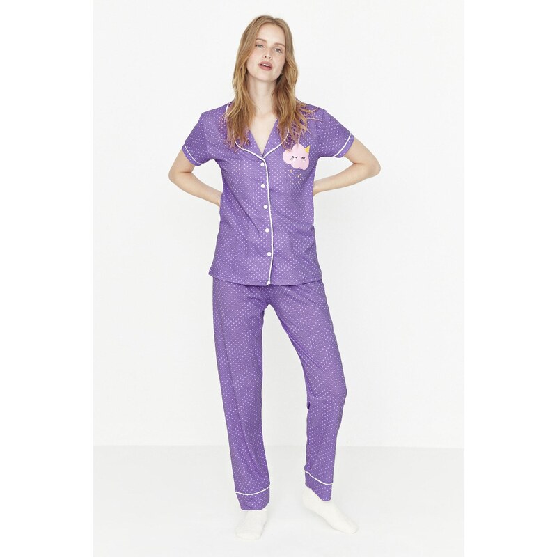 Trendyol Lilac bavlněné bavlněné kalhoty s potiskem pletené pyžamové soupravy
