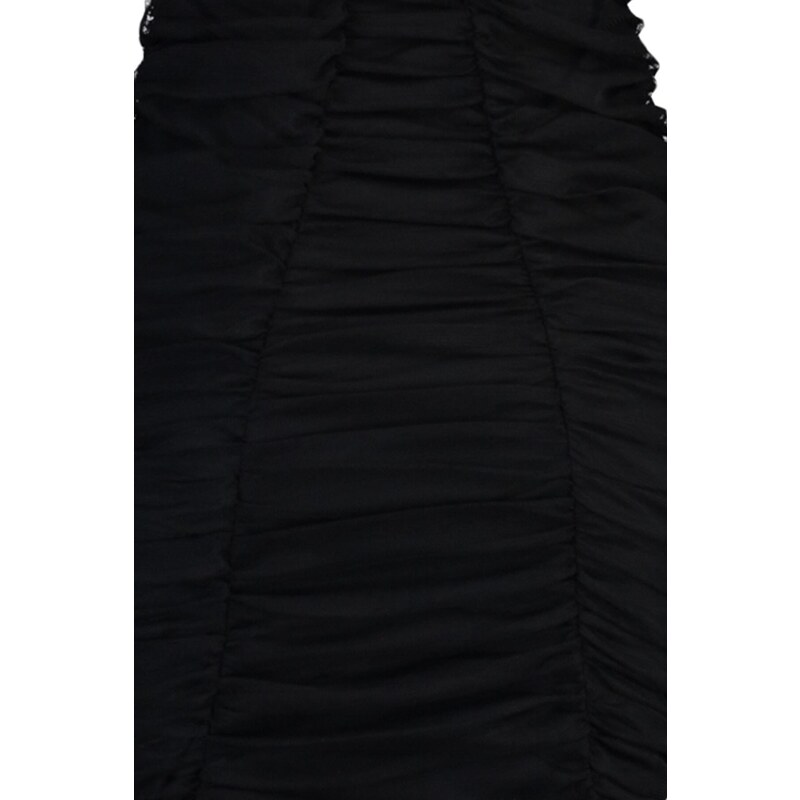 Trendyol Módní černé nařasené tylové večerní šaty