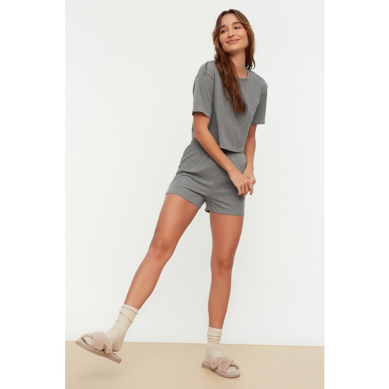 Trendyol Gray Ribbed Cotton Knitted Pajamas Set