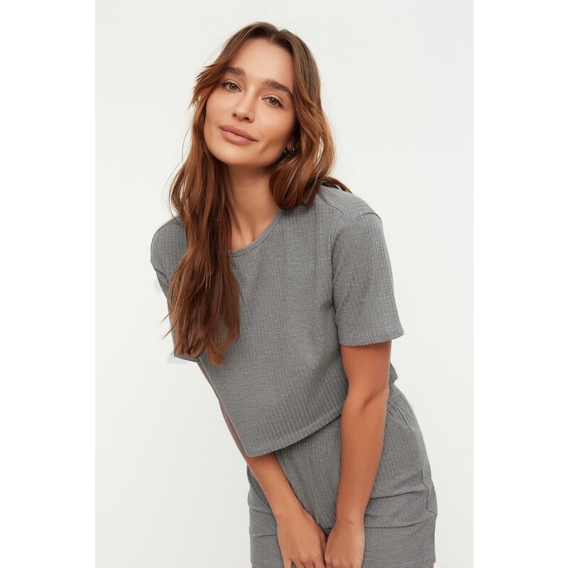 Trendyol Gray Ribbed Cotton Knitted Pajamas Set