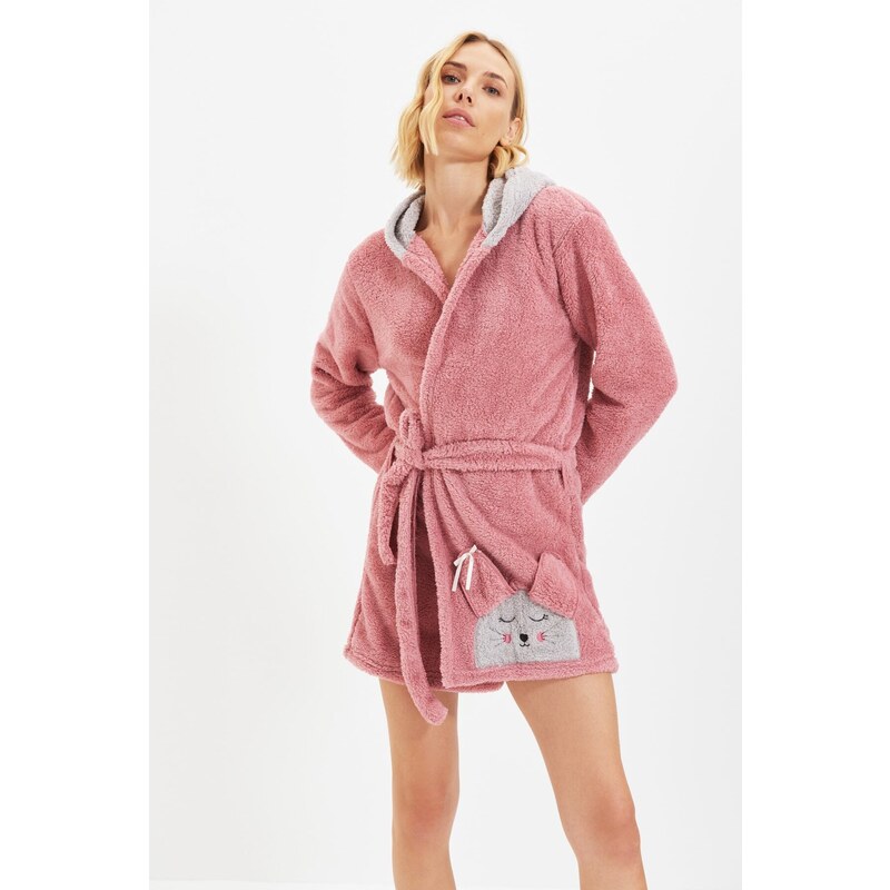 Trendyol Powder Belted Animal Figured Hooded Wellsoft Knitted Dressing Gown