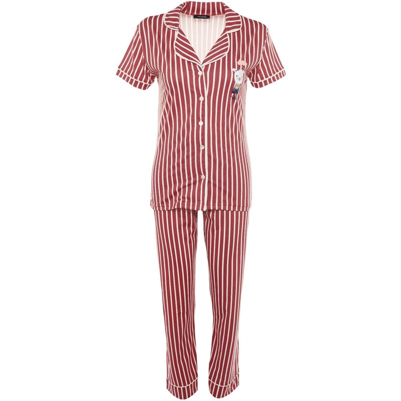 Trendyol Pink Cotton Striped Animal Printed Shirt-Pants Knitted Pajama Set