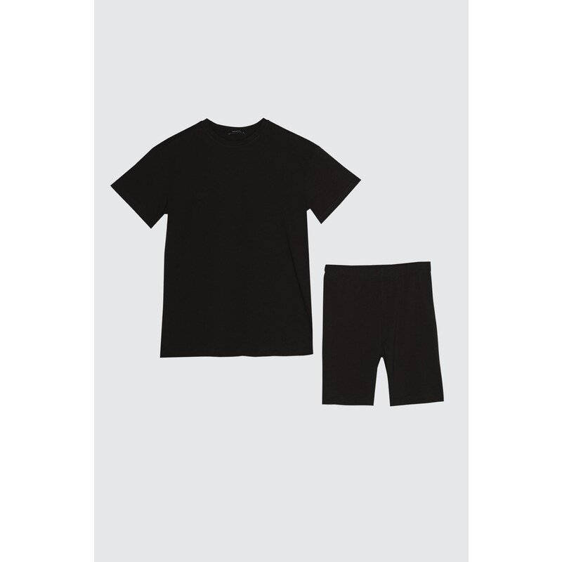 Trendyol Black 100% Cotton T-shirt-Biker Tights Knitted Pajamas Set