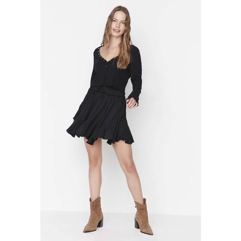 Trendyol Black Skirt Ruffle Regular Waist Wrap/Textured Mini Knitted Skirt
