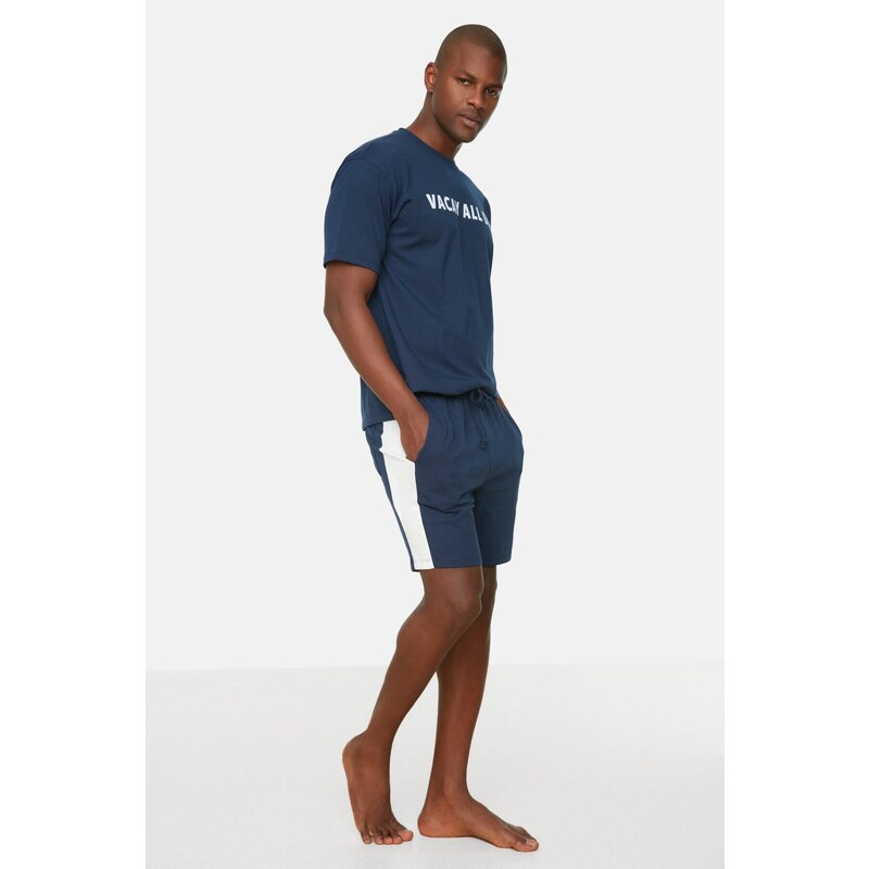 Trendyol Navy Regular Fit Printed Shorts Pajamas Set