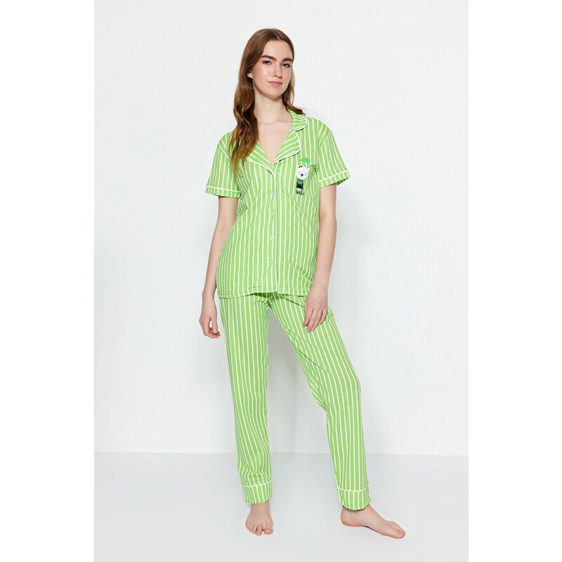 Trendyol Green Cotton Striped Animal Printed Shirt-Pants Knitted Pajamas Set