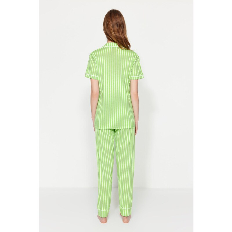 Trendyol Green Cotton Striped Animal Printed Shirt-Pants Knitted Pajamas Set