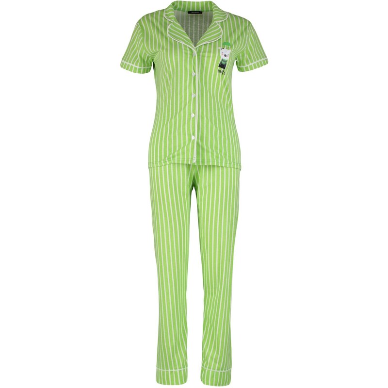 Trendyol Green Cotton Striped Animal Printed Shirt-Pants Knitted Pajamas Set