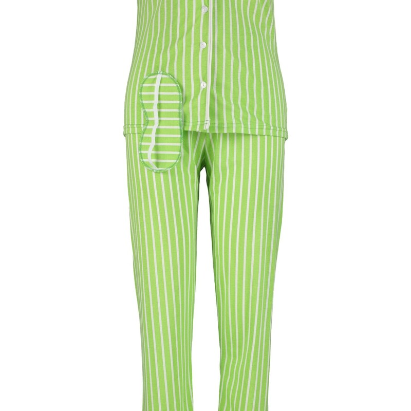 Trendyol Green Cotton Striped Animal Printed Shirt-Pants Knitted Pajamas Set