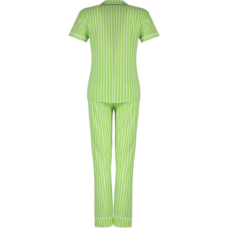 Trendyol Green Cotton Striped Animal Printed Shirt-Pants Knitted Pajamas Set