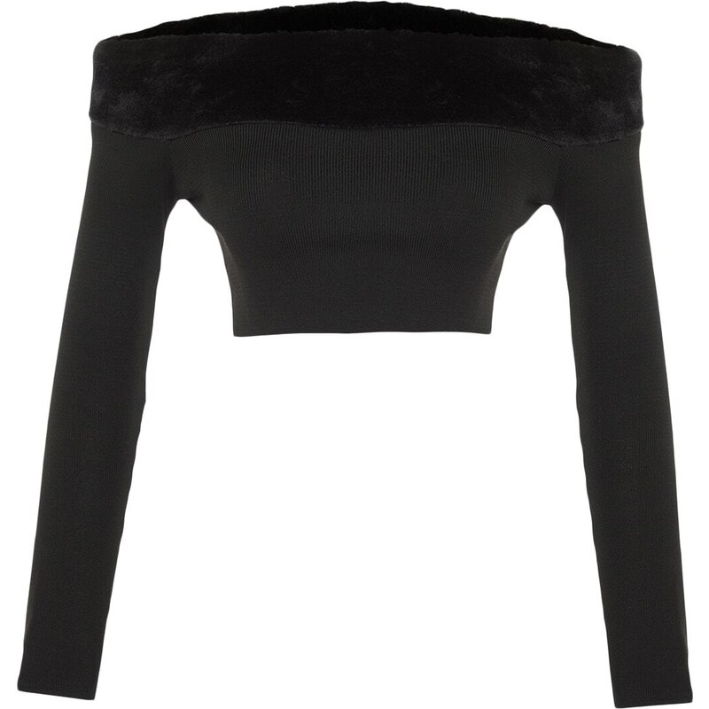 Trendyol Plush Detailed Crop Blouse in Black