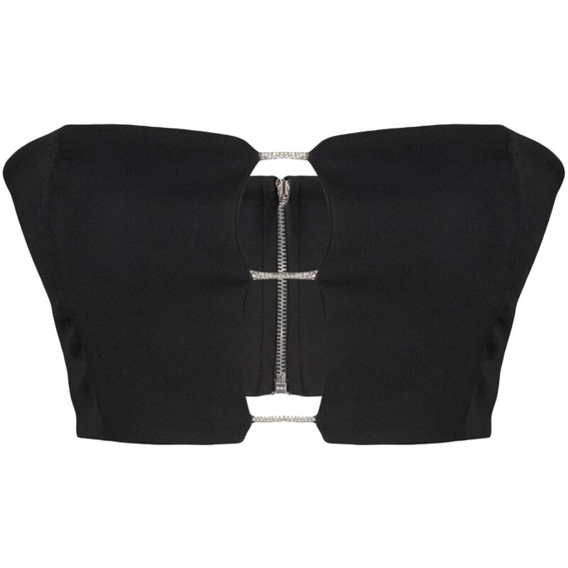 Trendyol Black Crop Lined Woven Shiny Stone Window/Cut Out Detailed Bustier