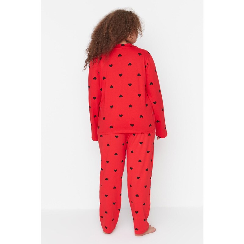 Trendyol Curve Red Heart Shirt Collar Knitted Pajamas Set