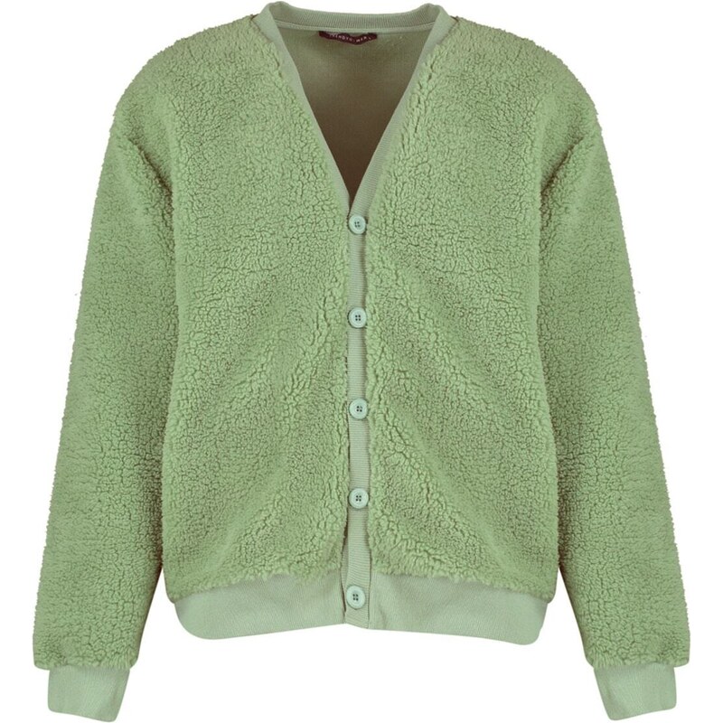 Trendyol Green Relaxed Fit/Comfortable Cut V-Neck Buttoned Plush Thick Cardigan