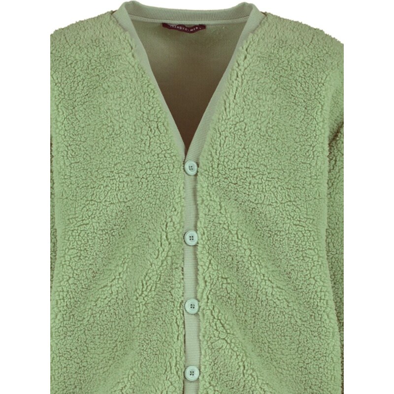 Trendyol Green Relaxed Fit/Comfortable Cut V-Neck Buttoned Plush Thick Cardigan