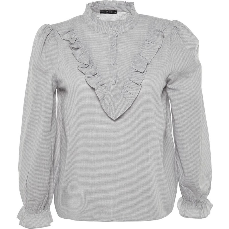 Trendyol Curve Gray Color Woven Blouse with Ruffle Detail on the Collar