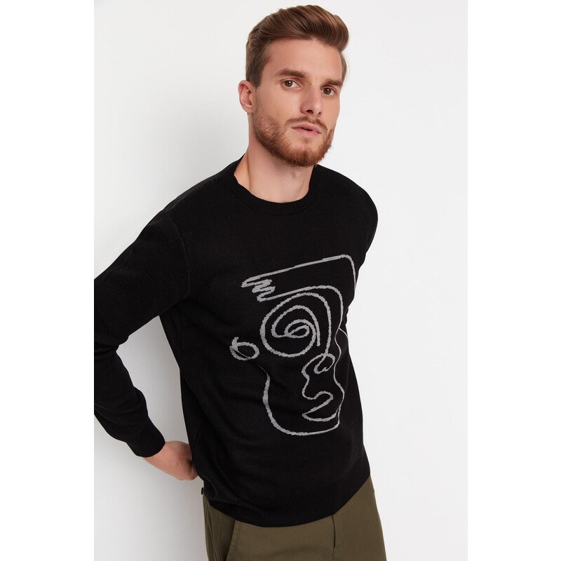 Trendyol Black Men's Slim Fit Crew Neck Face Figure Detail Knitwear Sweater