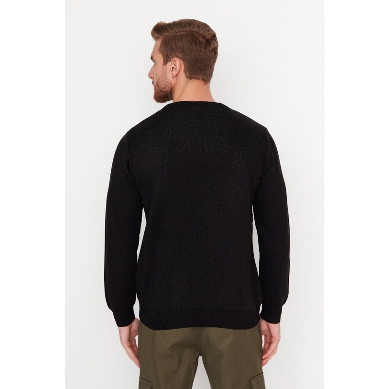 Trendyol Black Men's Slim Fit Crew Neck Face Figure Detail Knitwear Sweater