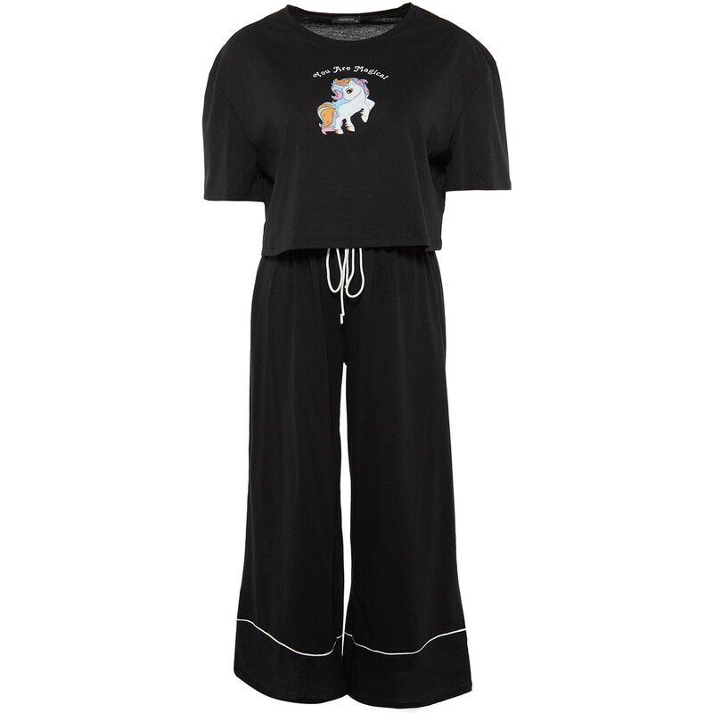 Trendyol Curve Black Printed Široké Nohavice Pletené pyžamo Set