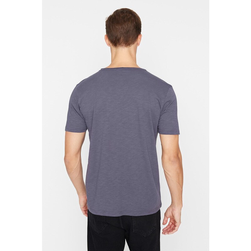 Trendyol Antracit Základní Normální/Normální střih Do V 100% bavlna Flambovaný Single Jersey Tričko