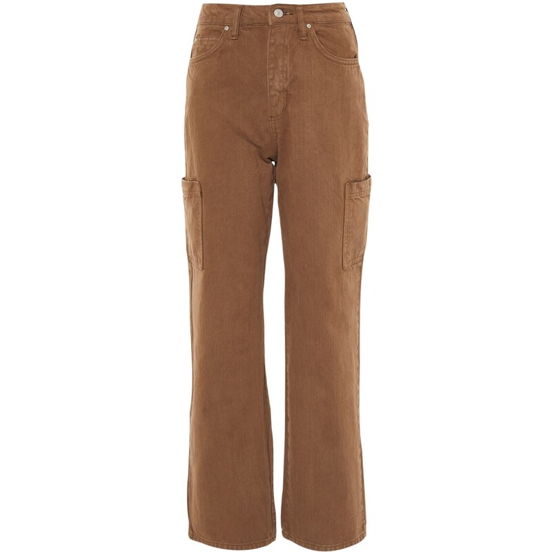 Trendyol hnědá kapsa detailní džíny s vysokým pasem a širokými nohavicemi