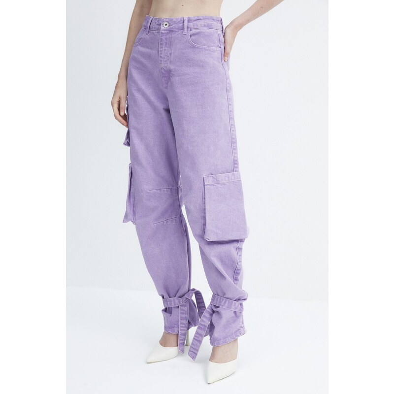 Trendyol X Zeynep Tosun fialová kyselá kapsa na nákladní kapsu s detailními džínami