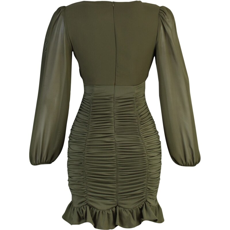 Trendyol Khaki Tělový Obal Gimped V-Neck Mini Tkané Šaty