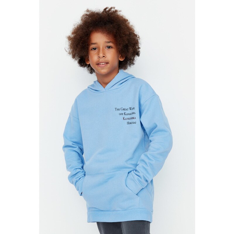 Trendyol Light Blue Great Wave Licensed Printed Boy Knitted Thick Sweatshirt