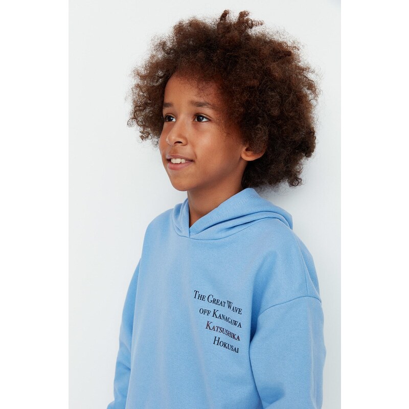 Trendyol Light Blue Great Wave Licensed Printed Boy Knitted Thick Sweatshirt