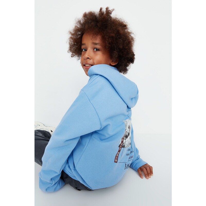 Trendyol Light Blue Great Wave Licensed Printed Boy Knitted Thick Sweatshirt