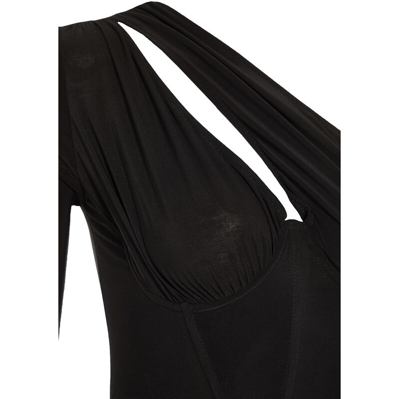Trendyol černé řasené detailní pletené večerní šaty s jedním rukávem