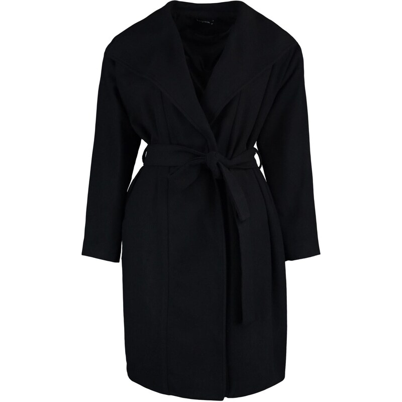 Trendyol Curve Black Belted Wide Collar Oversize Cashmere Coat