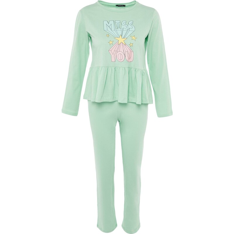 Trendyol Mint Ruffle Detailed Knitted Pajamas Set