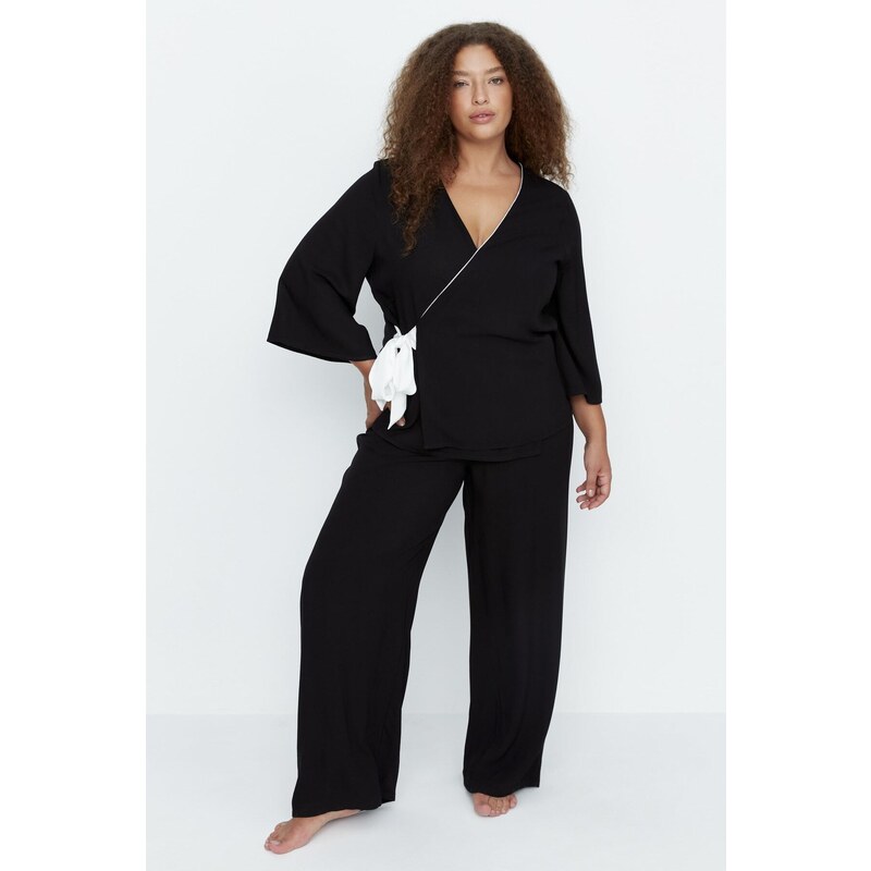 Trendyol Curve Black Double Breasted Collar Tied Woven Pajamas Set