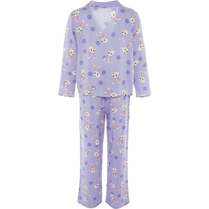 Trendyol Curve Lilac Rabbit Printed Woven Pajama Set